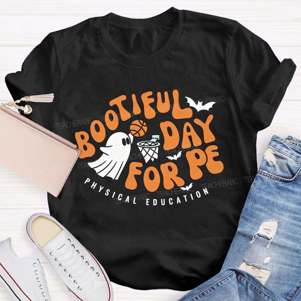 Bootiful Day For Pe Ghost Playing Basketball Halloween Pe Teacher T-shirt