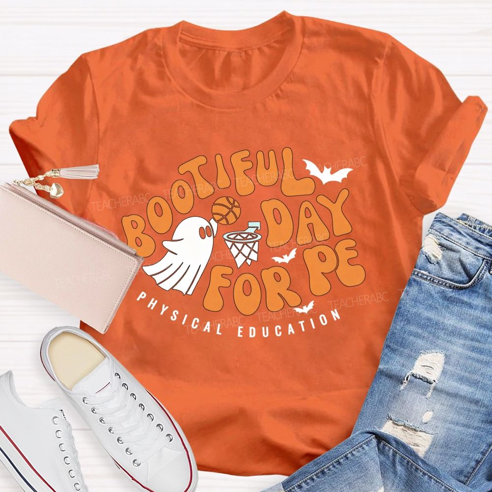 Bootiful Day For Pe Ghost Playing Basketball Halloween Pe Teacher T-shirt