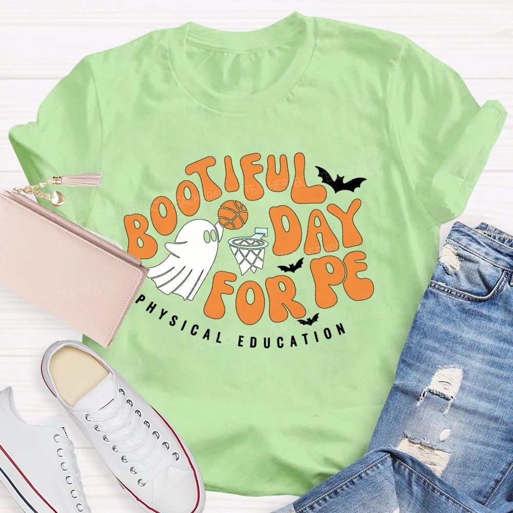 Bootiful Day For Pe Ghost Playing Basketball Halloween Pe Teacher T-shirt