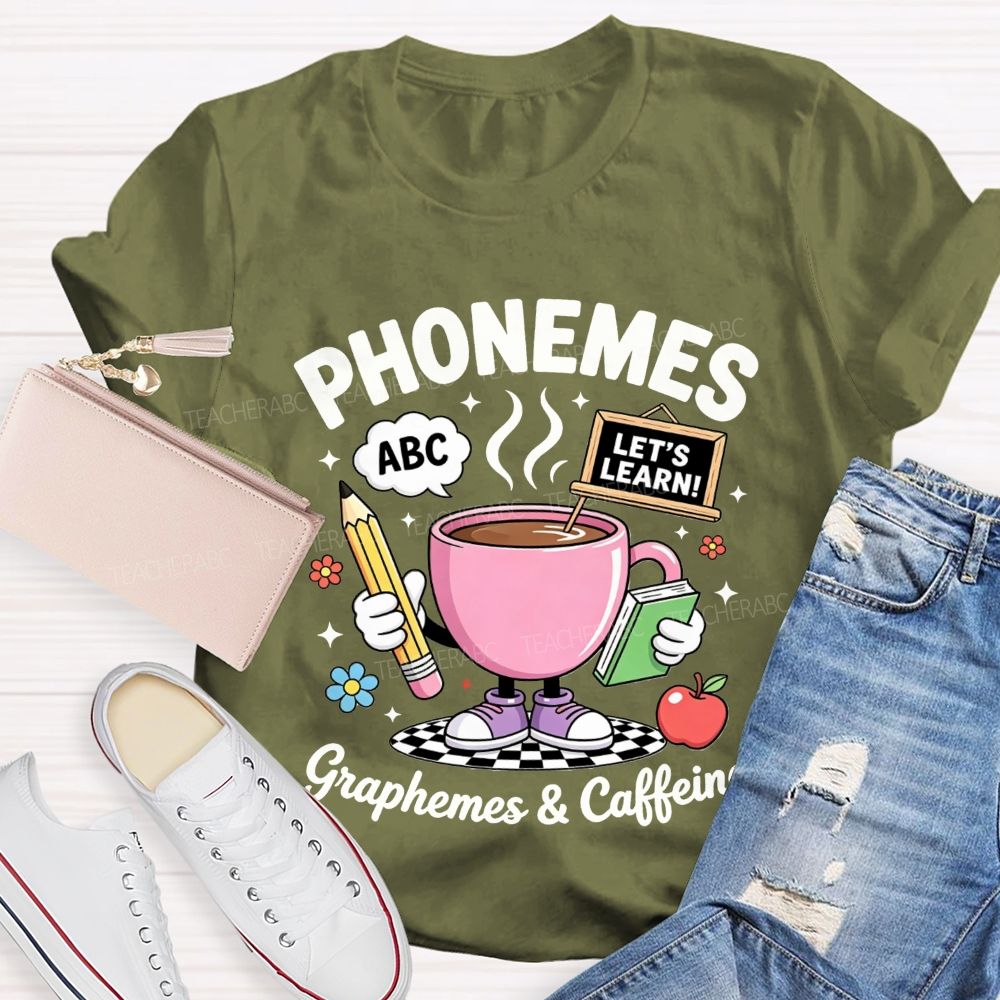 Phonemes Graphemes And Caffeine Phonics Teacher T-shirt