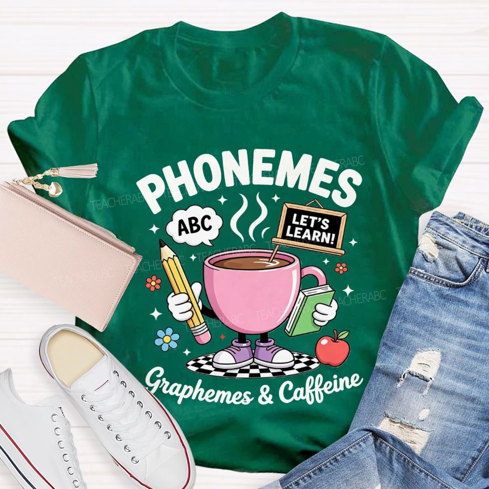 Phonemes Graphemes And Caffeine Phonics Teacher T-shirt