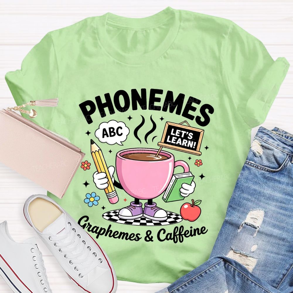 Phonemes Graphemes And Caffeine Phonics Teacher T-shirt