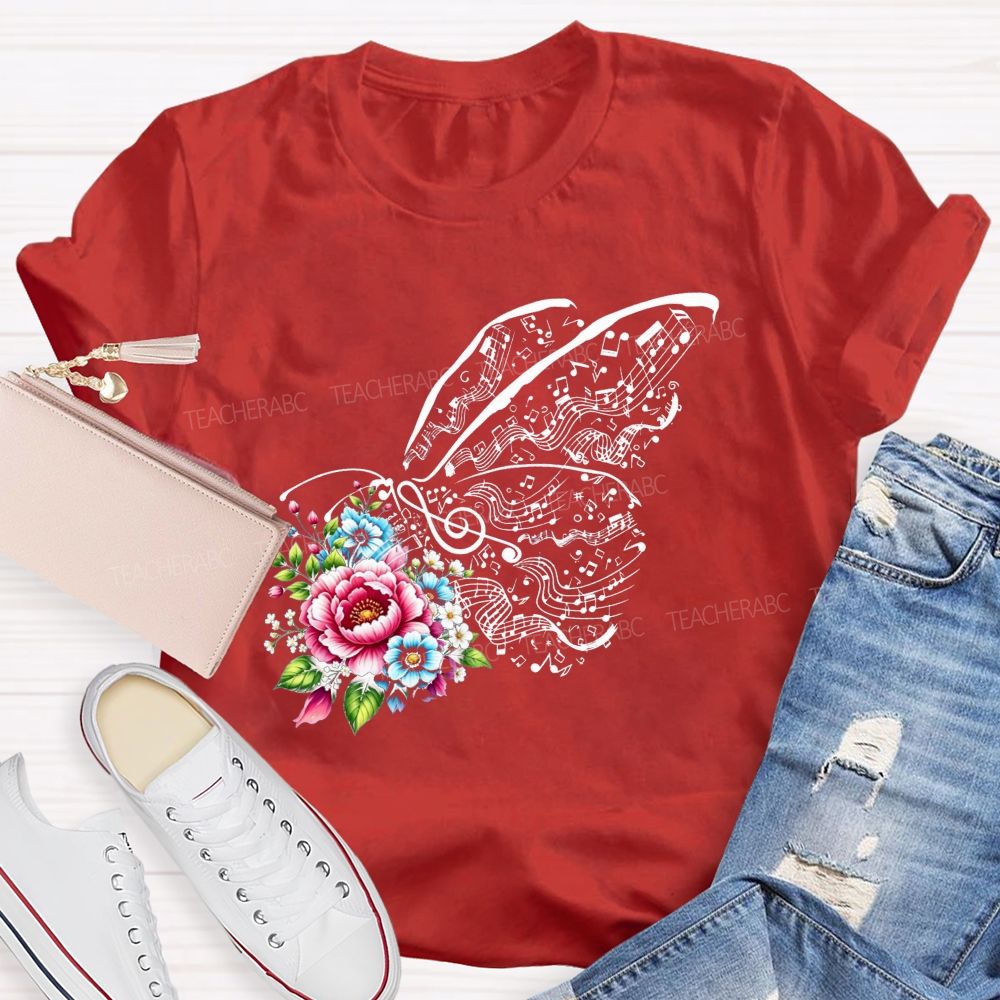 Where Melody Meets Blooms And Floral Music Butterfly Vibes Teacher T-shirt