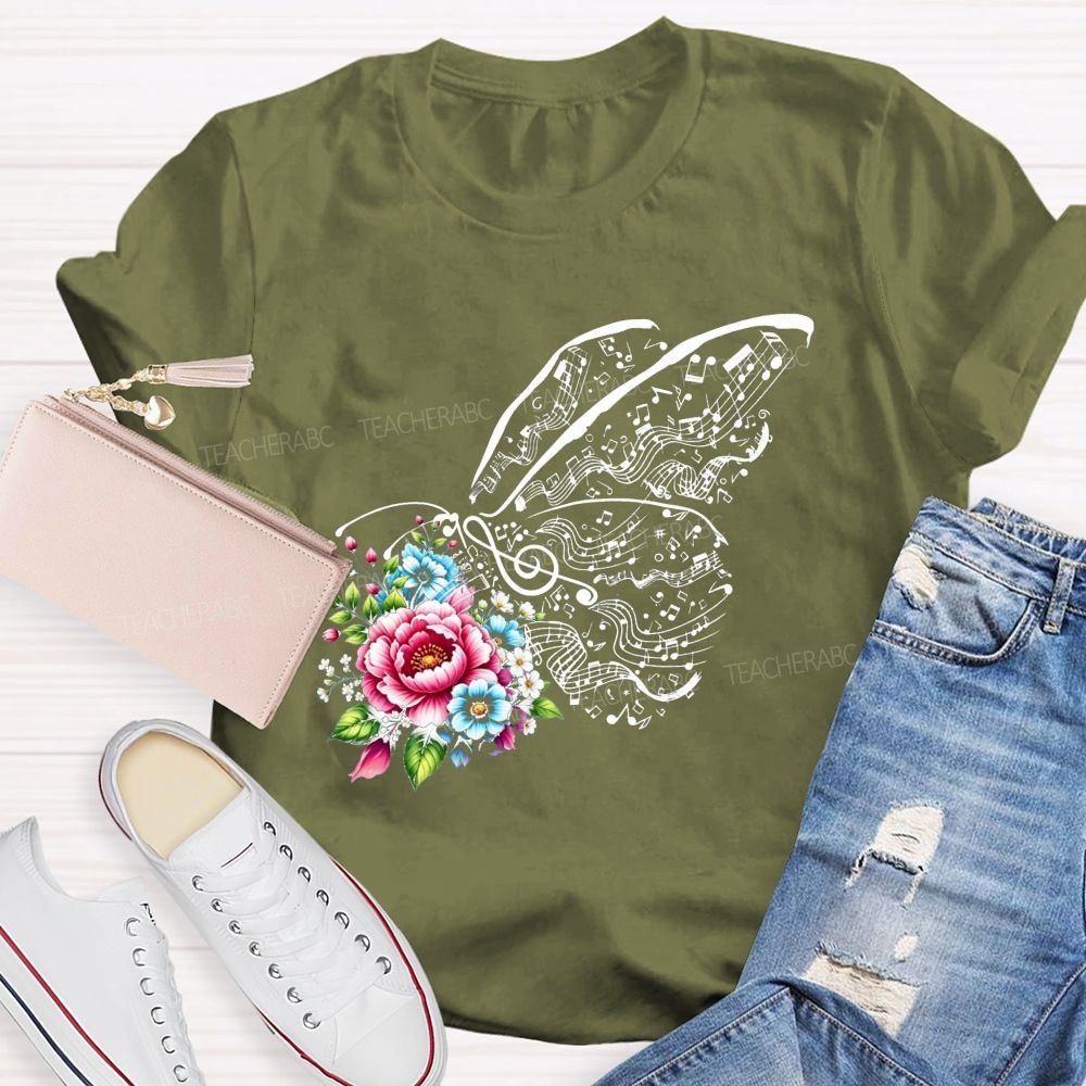 Where Melody Meets Blooms And Floral Music Butterfly Vibes Teacher T-shirt