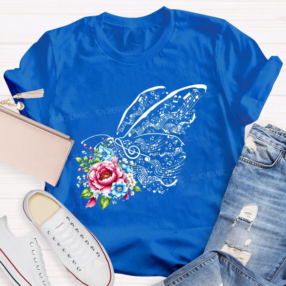 Where Melody Meets Blooms And Floral Music Butterfly Vibes Teacher T-shirt