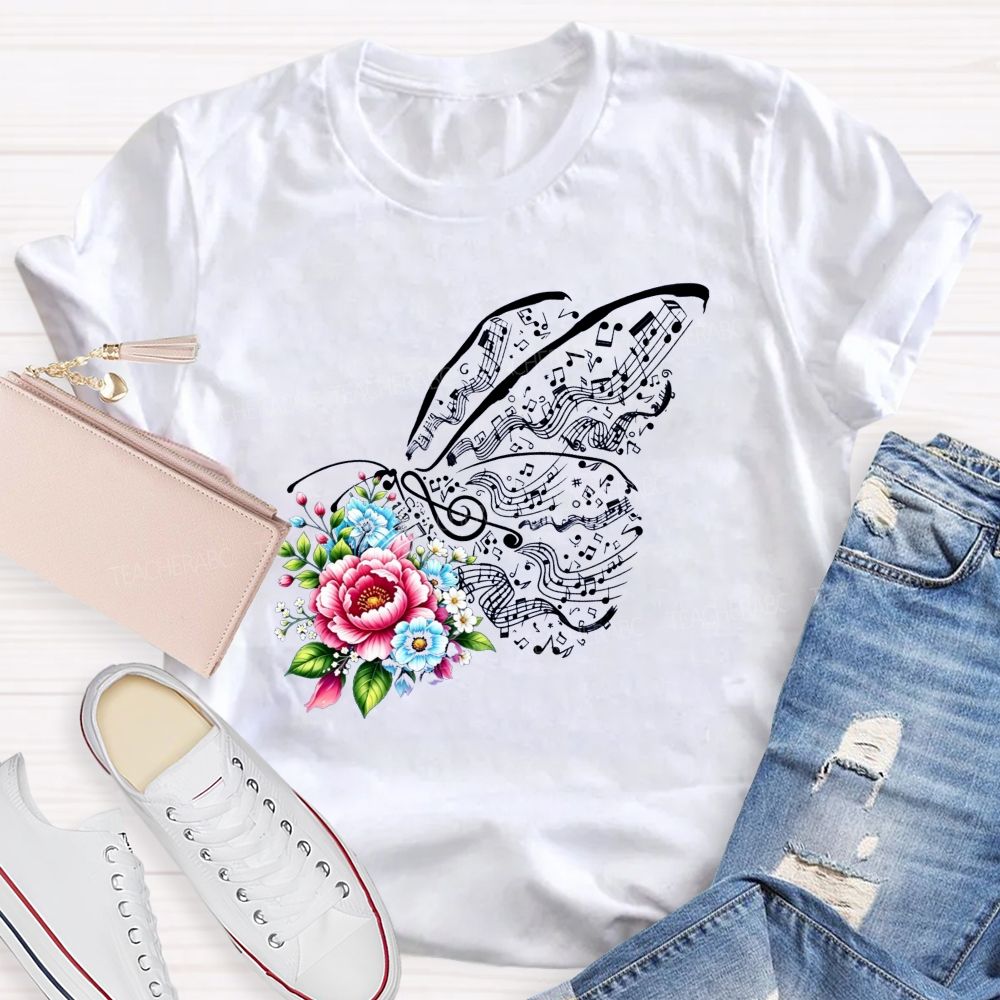Where Melody Meets Blooms And Floral Music Butterfly Vibes Teacher T-shirt