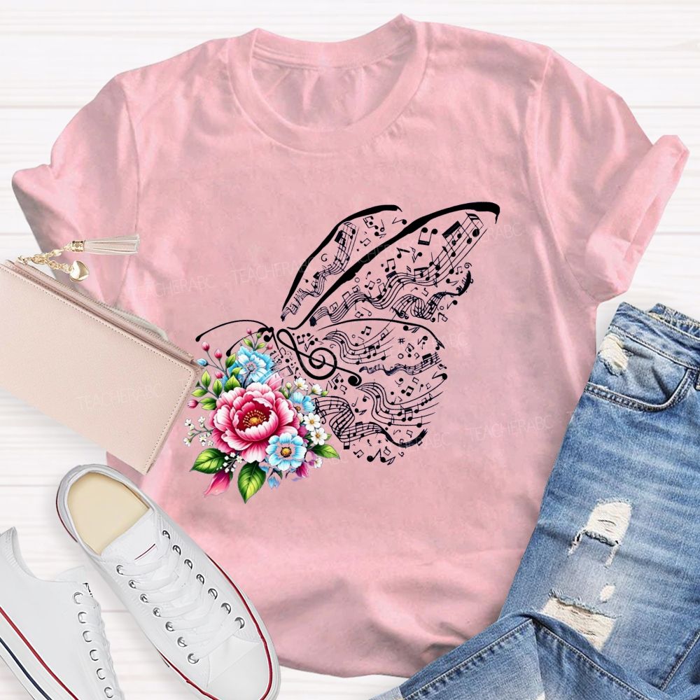 Where Melody Meets Blooms And Floral Music Butterfly Vibes Teacher T-shirt