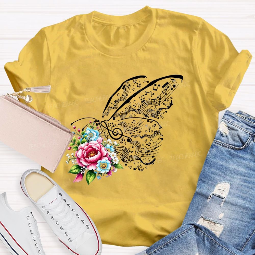 Where Melody Meets Blooms And Floral Music Butterfly Vibes Teacher T-shirt