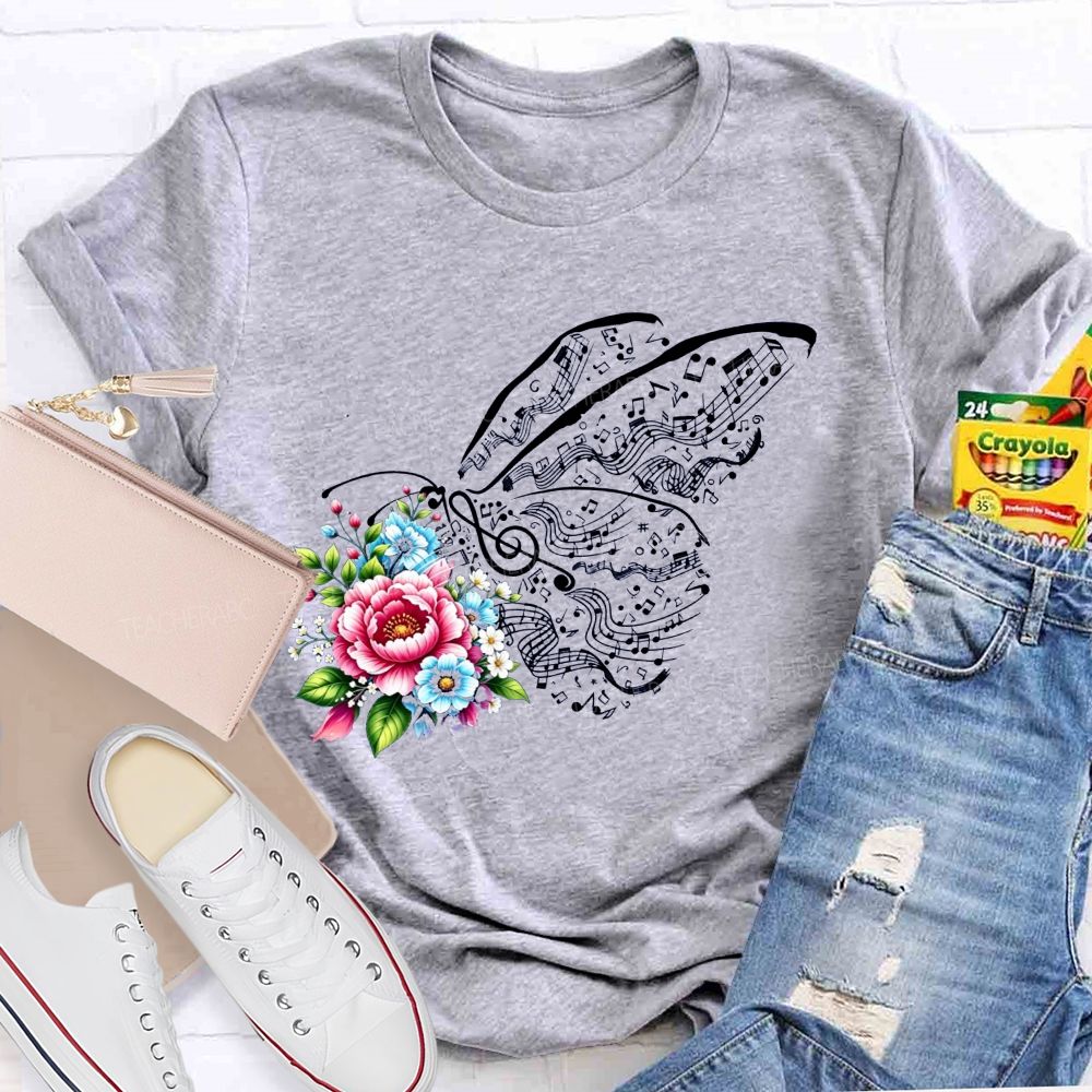 Where Melody Meets Blooms And Floral Music Butterfly Vibes Teacher T-shirt