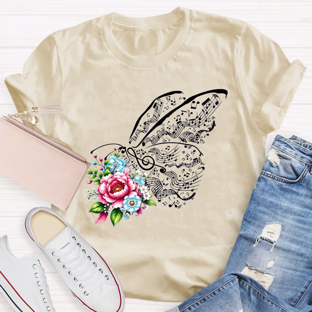 Where Melody Meets Blooms And Floral Music Butterfly Vibes Teacher T-shirt