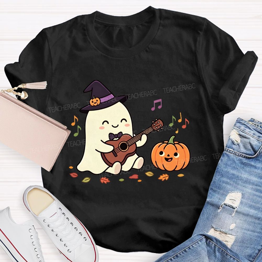 Halloween Ghost Playing Acoustic Guitar Pumpkin Music Teacher T-shirt
