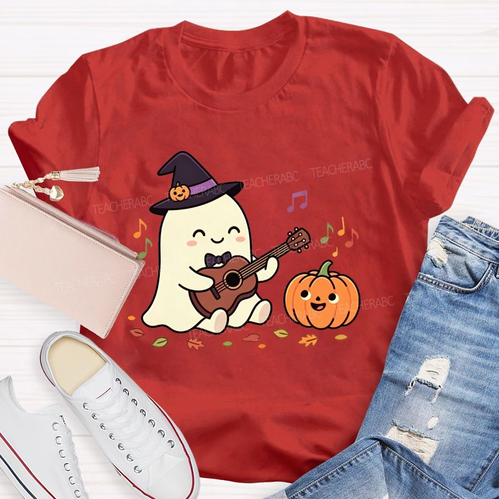 Halloween Ghost Playing Acoustic Guitar Pumpkin Music Teacher T-shirt