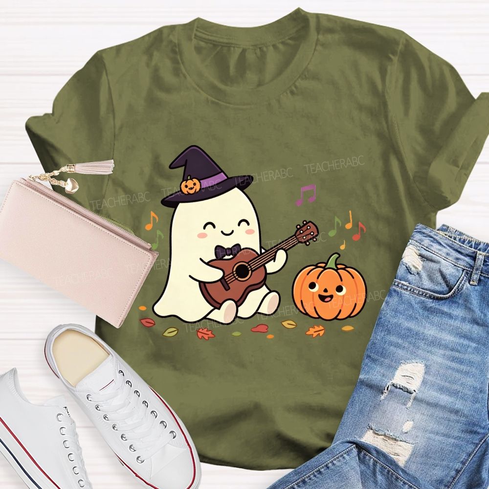 Halloween Ghost Playing Acoustic Guitar Pumpkin Music Teacher T-shirt