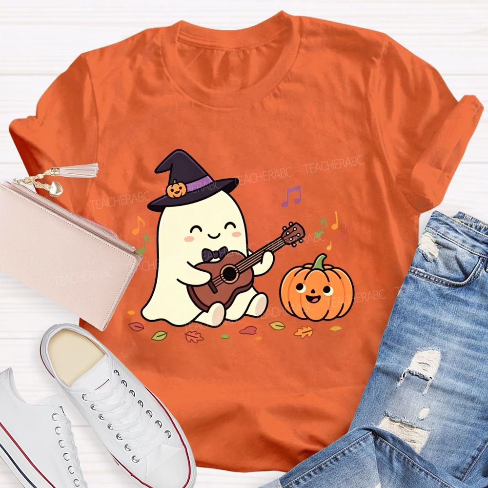 Halloween Ghost Playing Acoustic Guitar Pumpkin Music Teacher T-shirt
