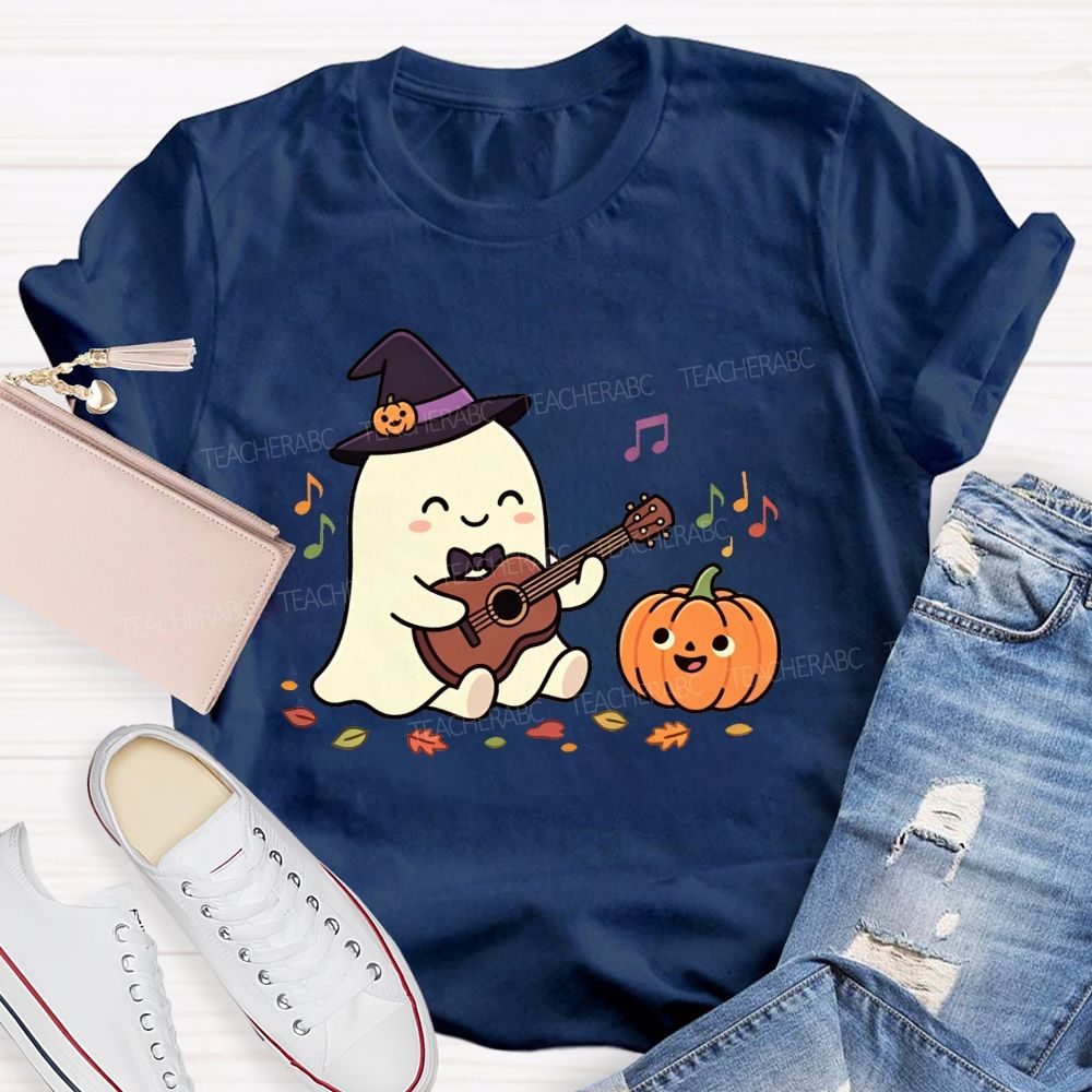 Halloween Ghost Playing Acoustic Guitar Pumpkin Music Teacher T-shirt