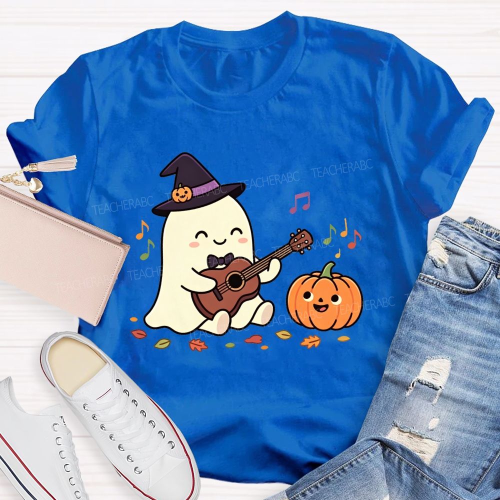 Halloween Ghost Playing Acoustic Guitar Pumpkin Music Teacher T-shirt