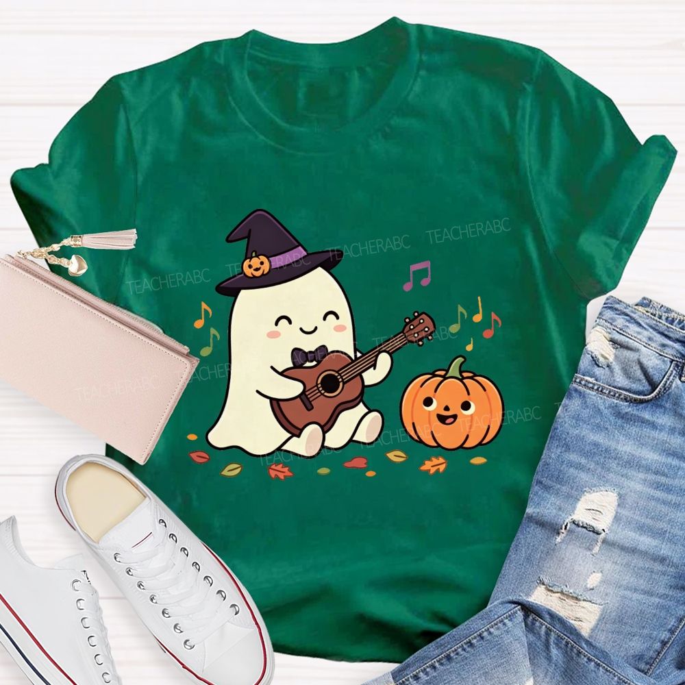 Halloween Ghost Playing Acoustic Guitar Pumpkin Music Teacher T-shirt