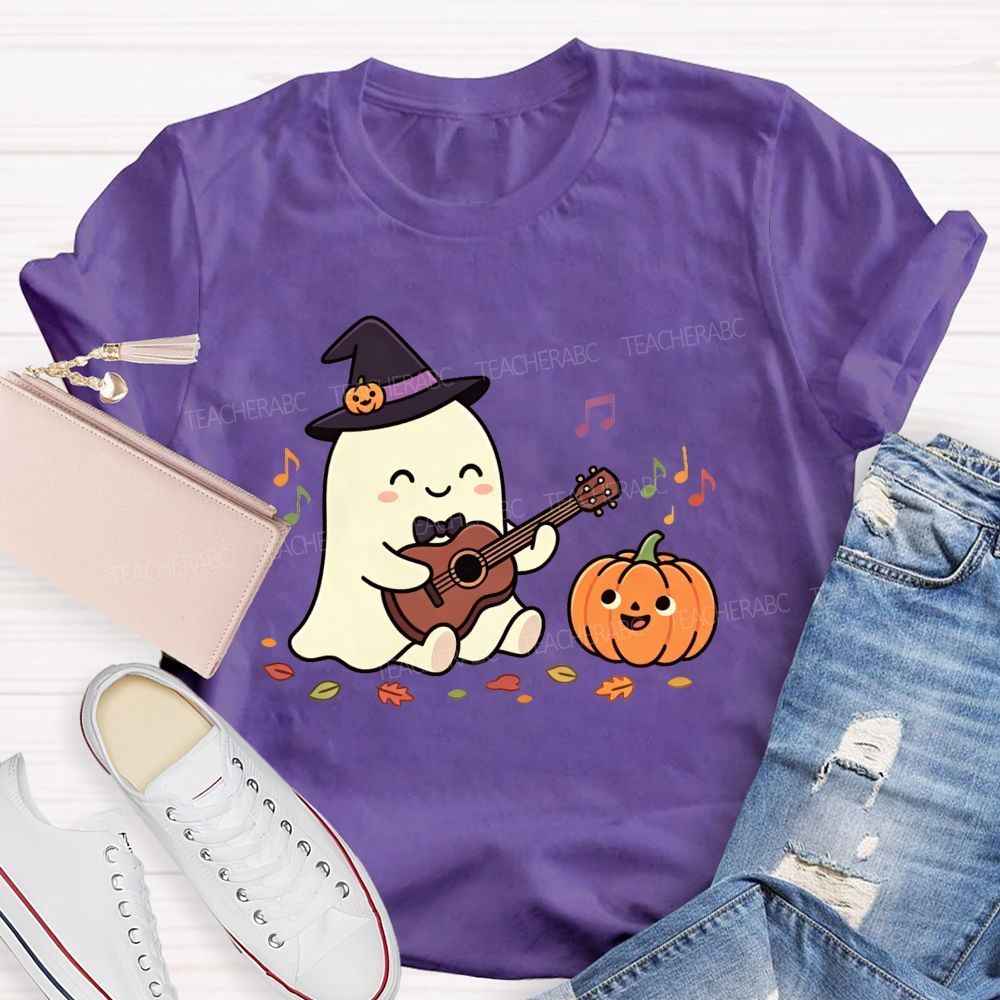Halloween Ghost Playing Acoustic Guitar Pumpkin Music Teacher T-shirt