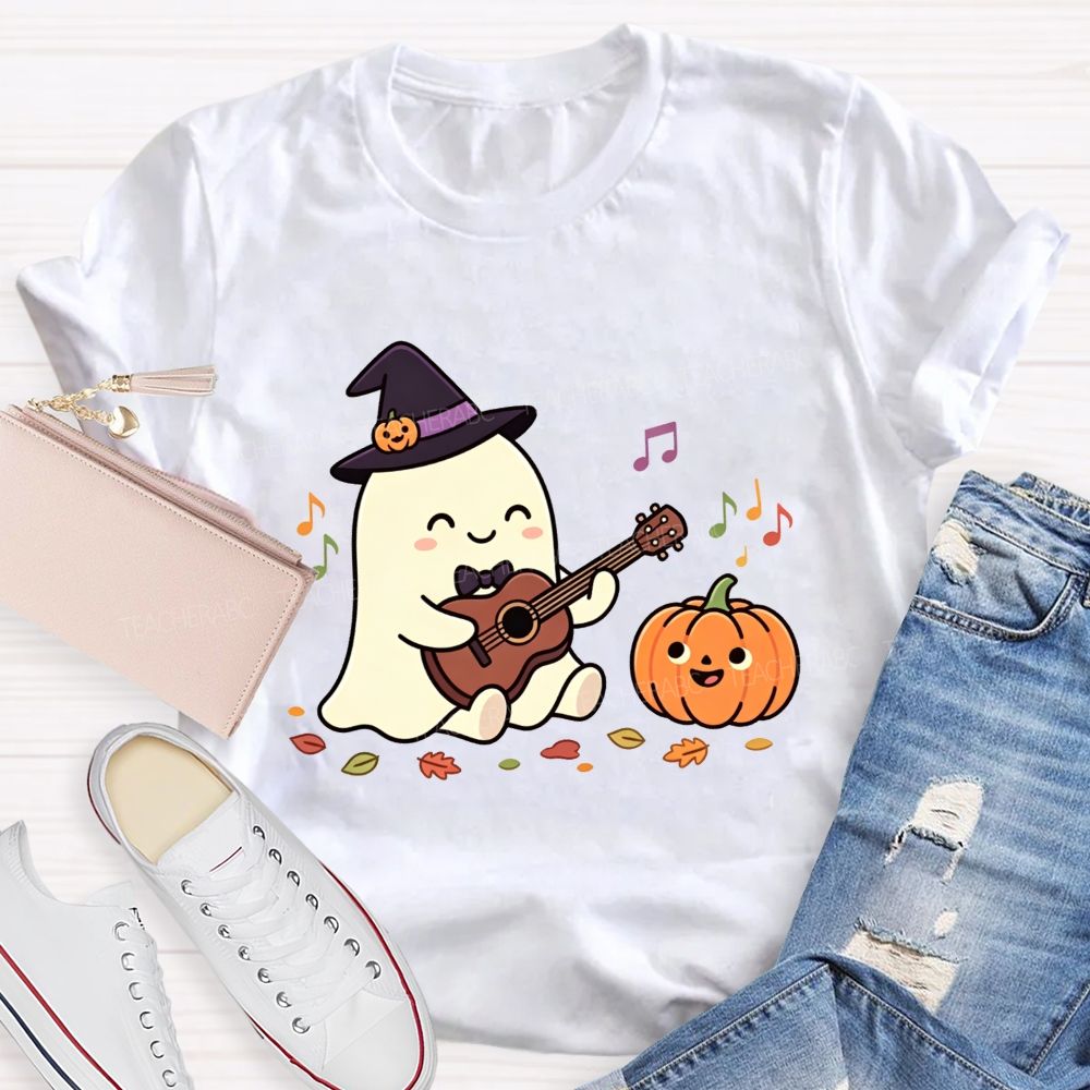 Halloween Ghost Playing Acoustic Guitar Pumpkin Music Teacher T-shirt
