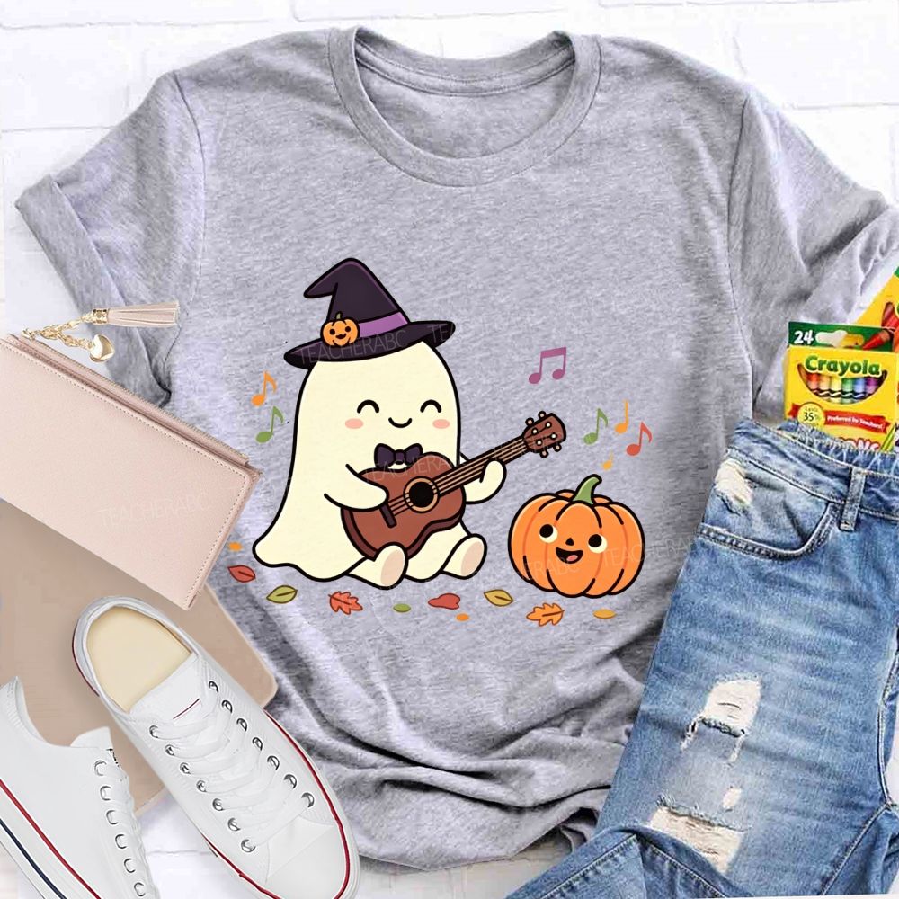Halloween Ghost Playing Acoustic Guitar Pumpkin Music Teacher T-shirt