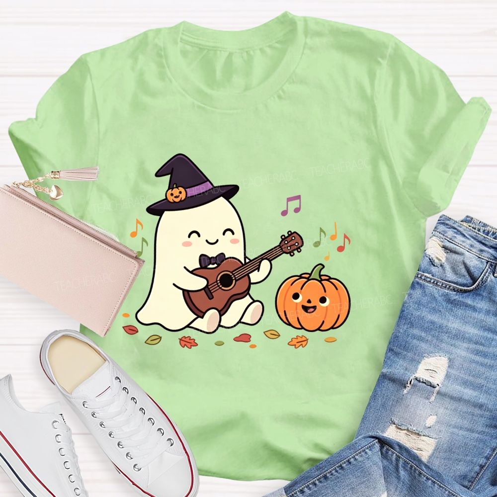 Halloween Ghost Playing Acoustic Guitar Pumpkin Music Teacher T-shirt