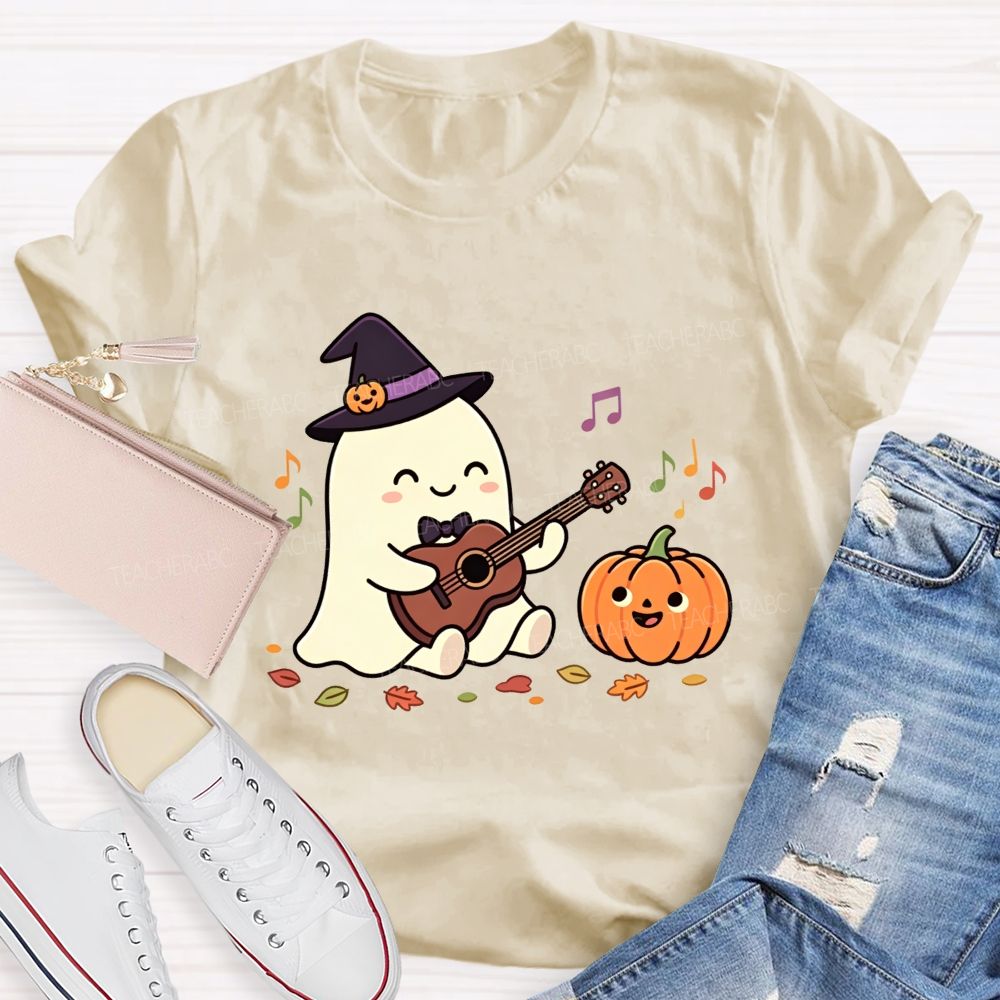 Halloween Ghost Playing Acoustic Guitar Pumpkin Music Teacher T-shirt