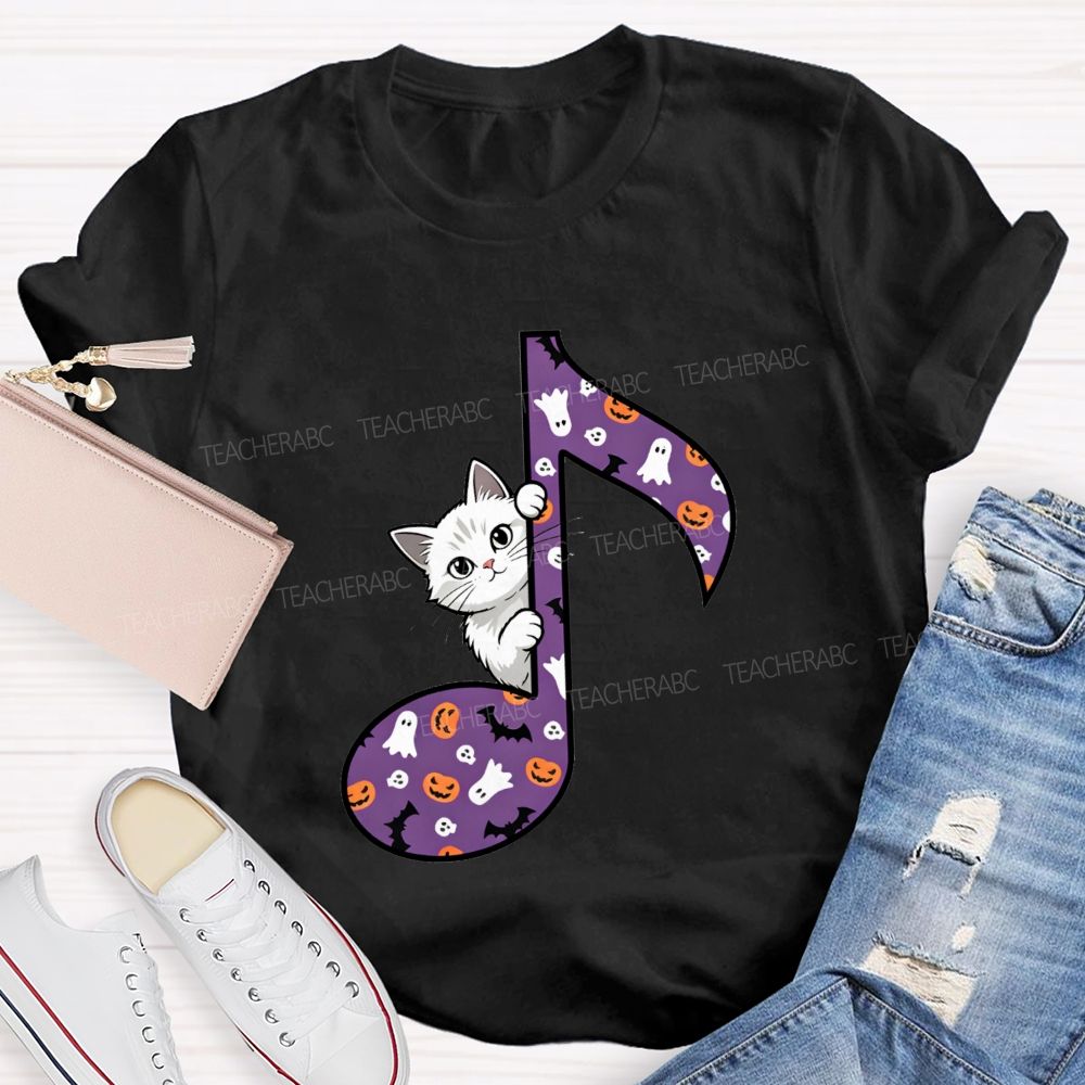 Music Teacher Halloween Cat Purple Music Note Teacher T-shirt