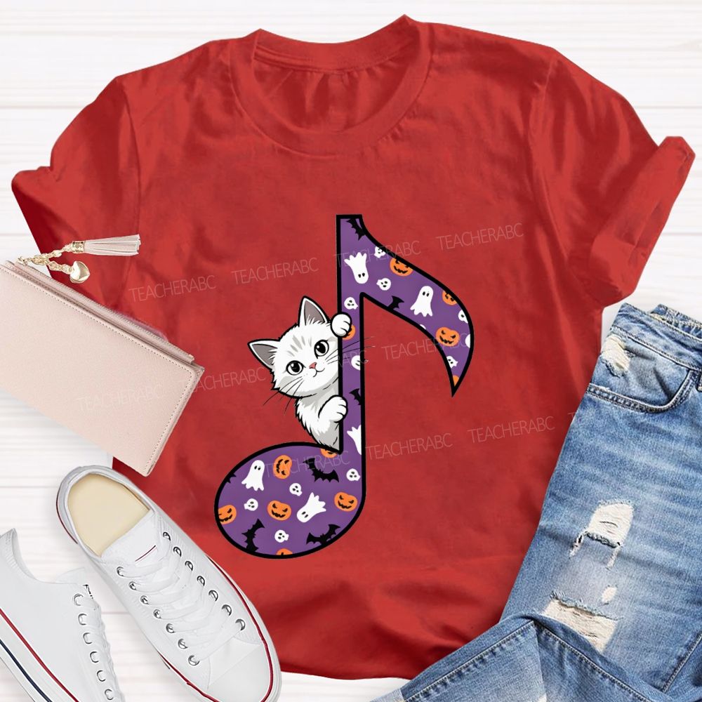 Music Teacher Halloween Cat Purple Music Note Teacher T-shirt