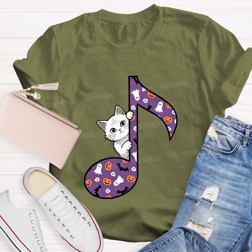 Music Teacher Halloween Cat Purple Music Note Teacher T-shirt