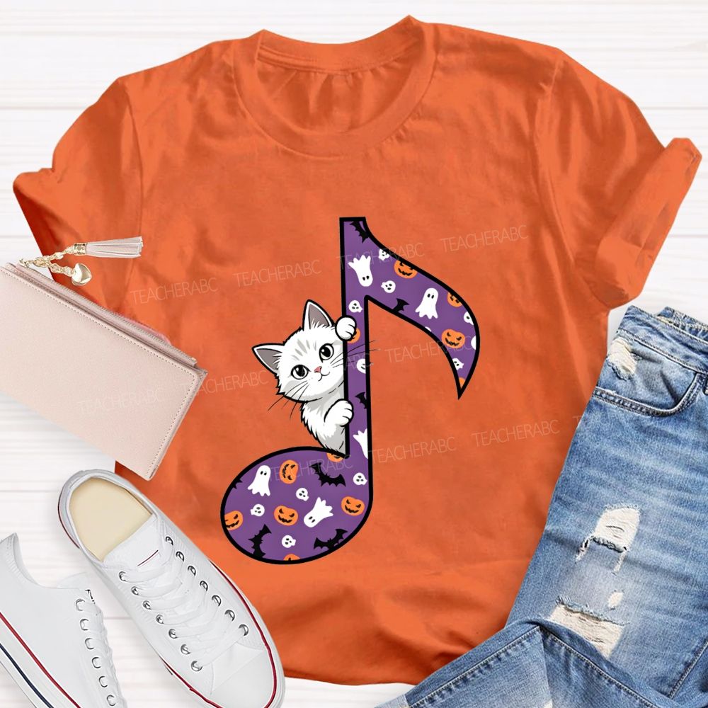 Music Teacher Halloween Cat Purple Music Note Teacher T-shirt