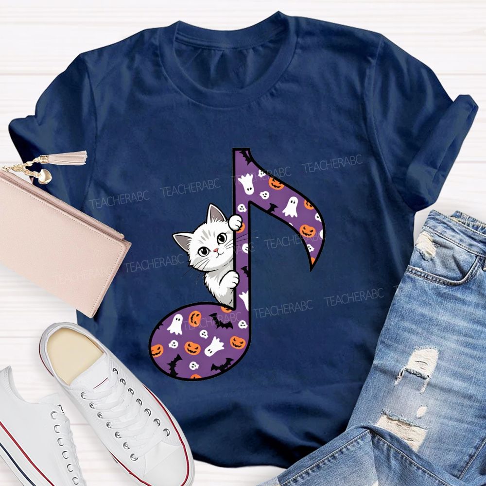 Music Teacher Halloween Cat Purple Music Note Teacher T-shirt