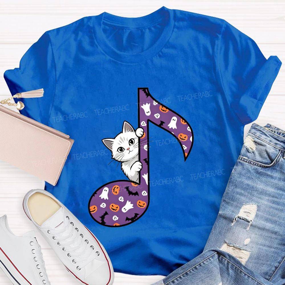 Music Teacher Halloween Cat Purple Music Note Teacher T-shirt