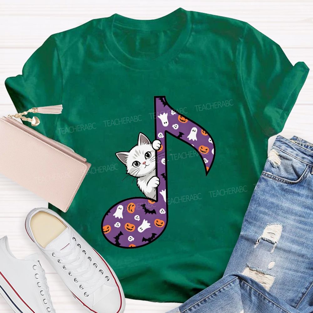 Music Teacher Halloween Cat Purple Music Note Teacher T-shirt
