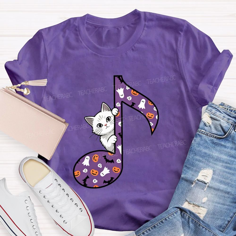Music Teacher Halloween Cat Purple Music Note Teacher T-shirt