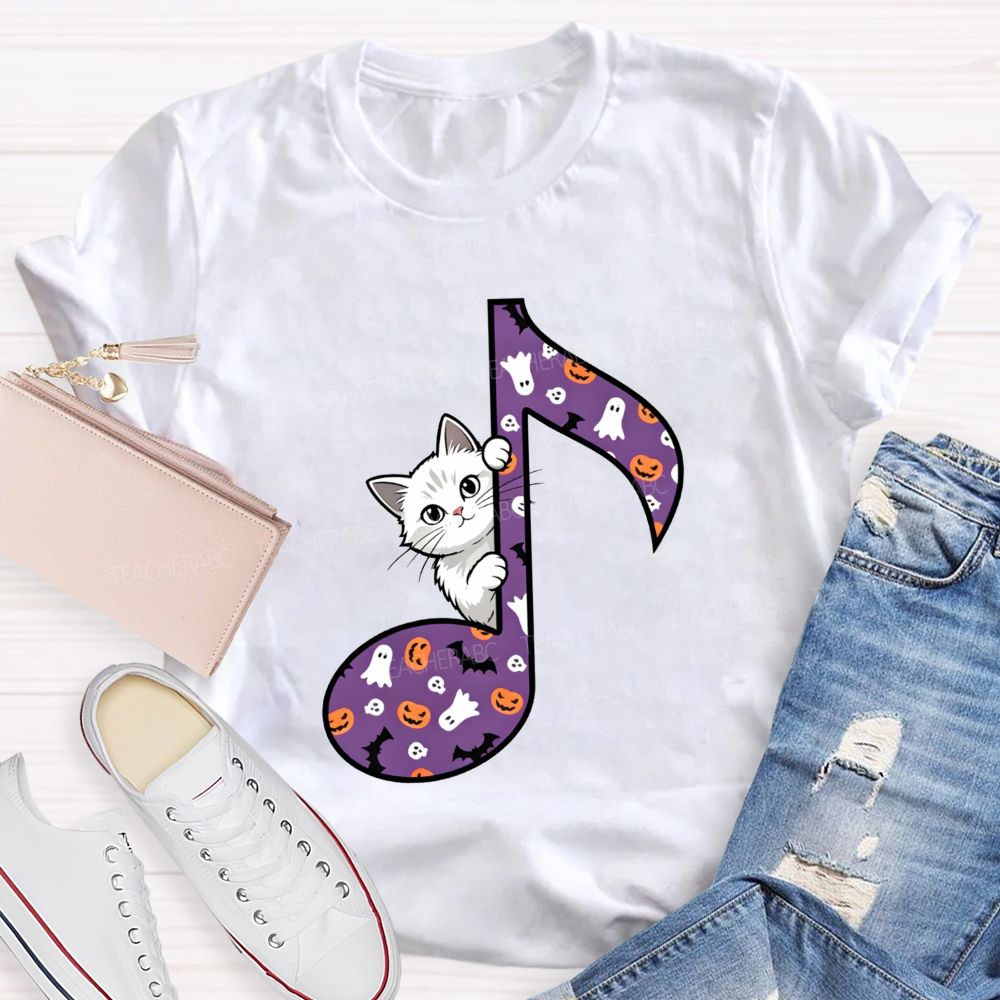 Music Teacher Halloween Cat Purple Music Note Teacher T-shirt