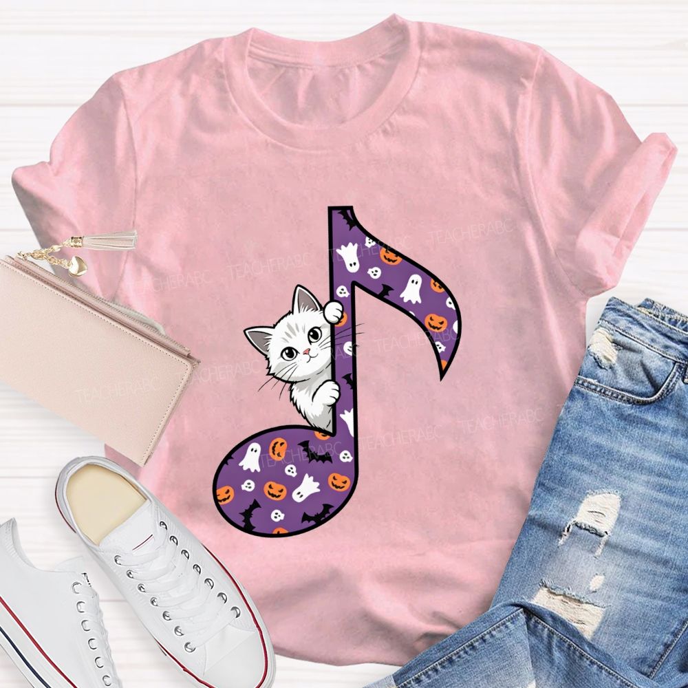 Music Teacher Halloween Cat Purple Music Note Teacher T-shirt