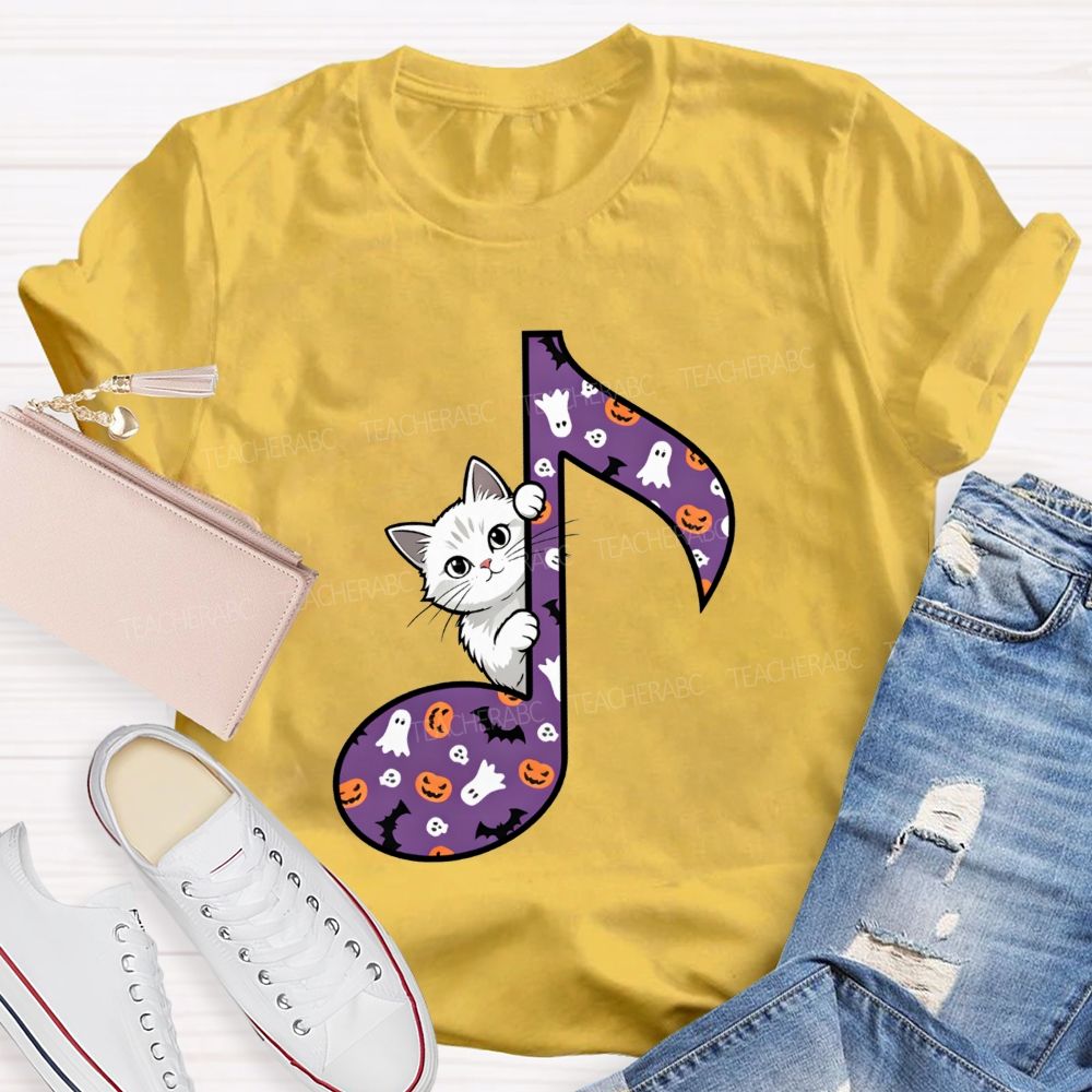 Music Teacher Halloween Cat Purple Music Note Teacher T-shirt