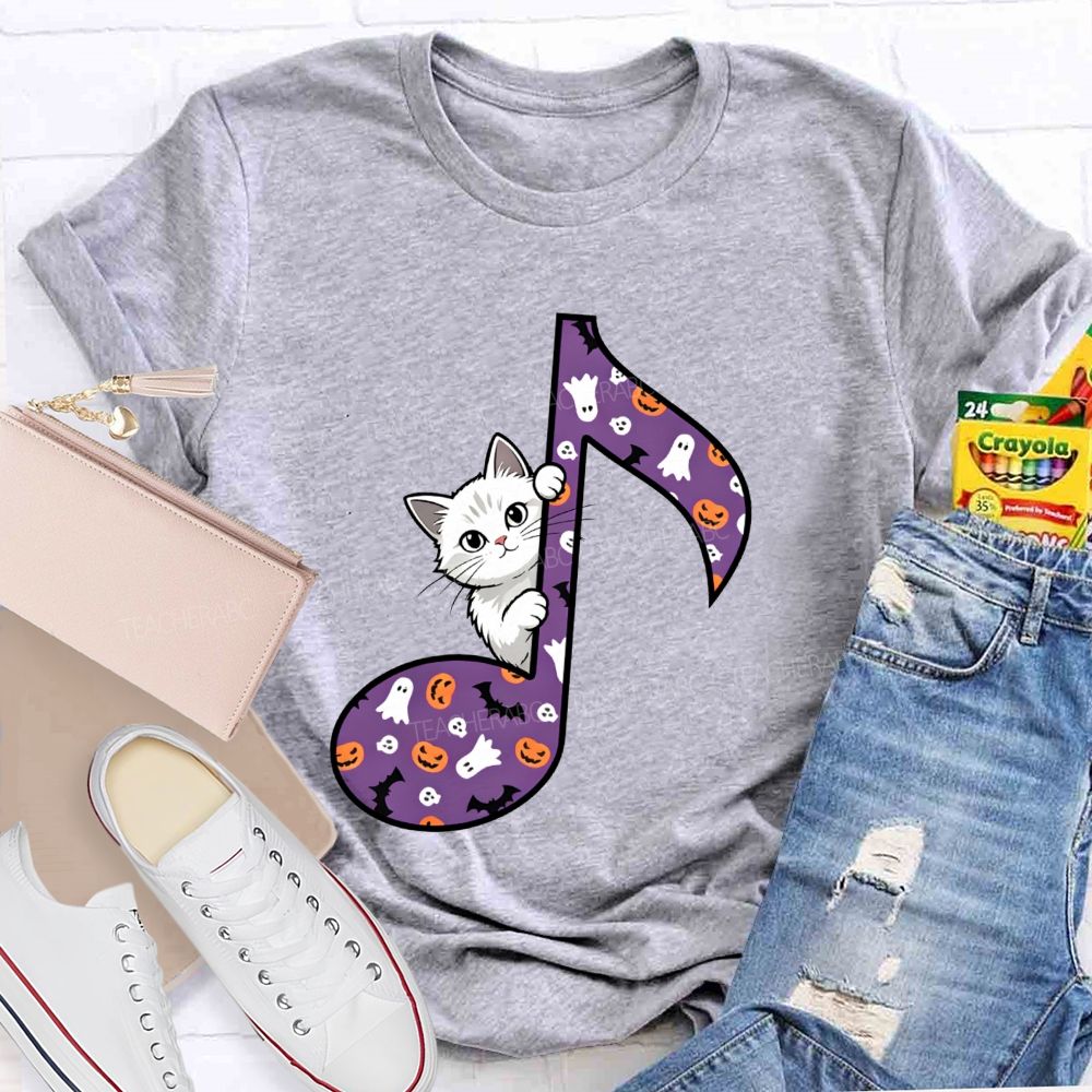 Music Teacher Halloween Cat Purple Music Note Teacher T-shirt