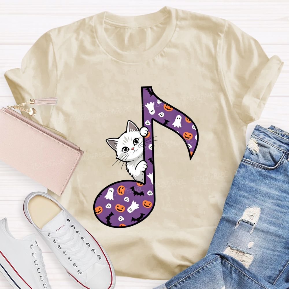 Music Teacher Halloween Cat Purple Music Note Teacher T-shirt