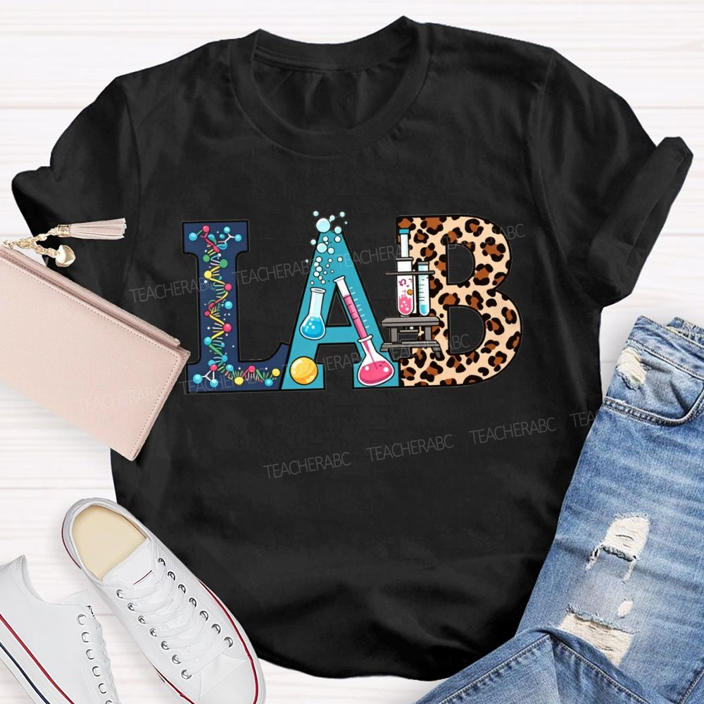 Colorful Lab Letter Leopard Print Lab Science Teacher T-shirt