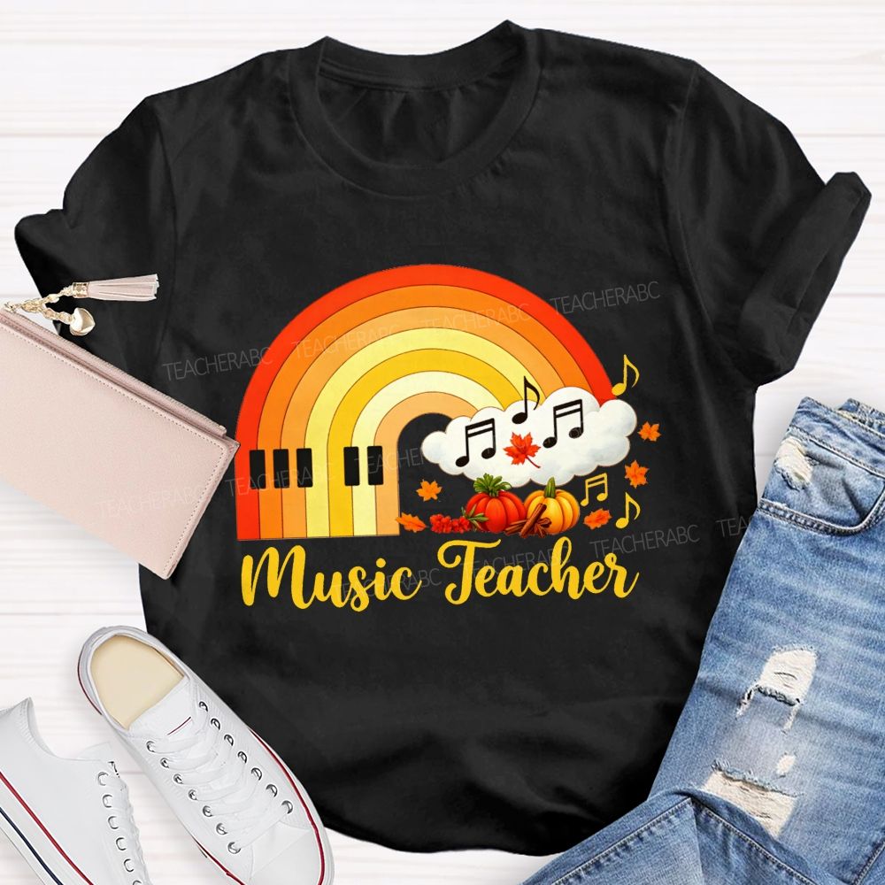 Fall Music Teacher Piano Rainbow Pumpkin Maple Leaf Autumn T-shirt