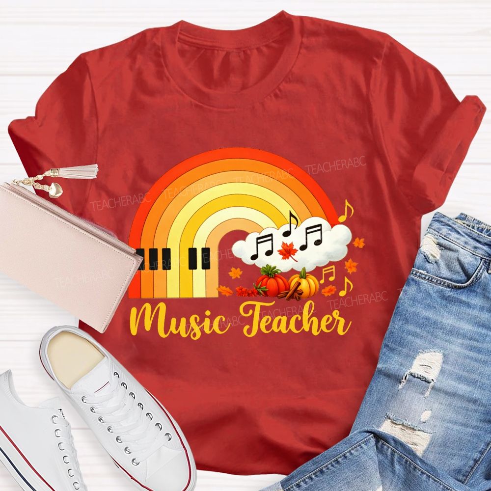 Fall Music Teacher Piano Rainbow Pumpkin Maple Leaf Autumn T-shirt