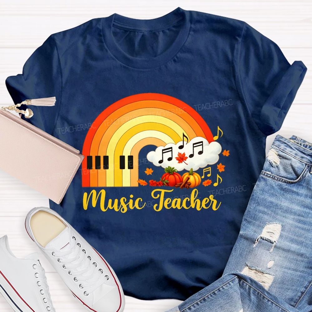 Fall Music Teacher Piano Rainbow Pumpkin Maple Leaf Autumn T-shirt