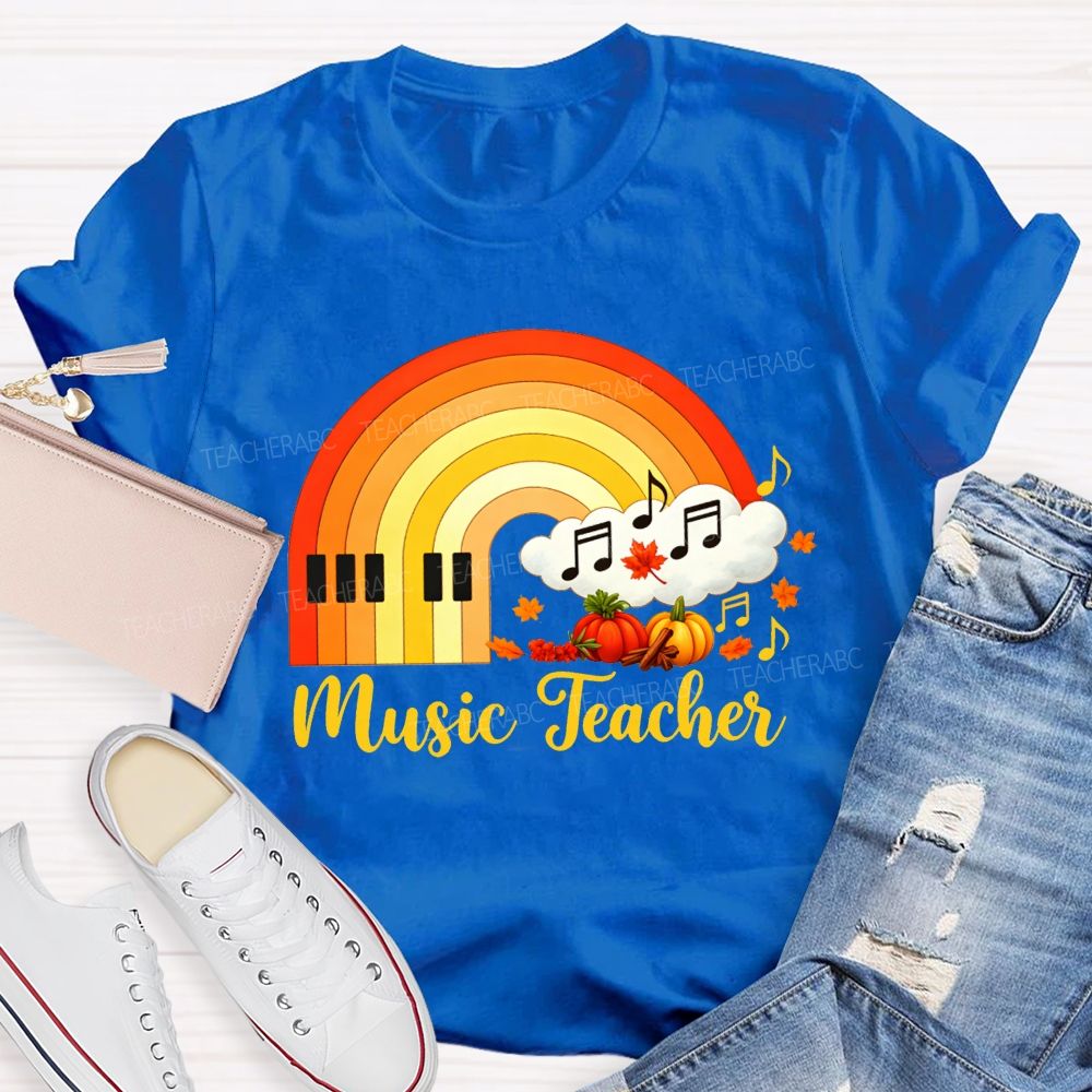 Fall Music Teacher Piano Rainbow Pumpkin Maple Leaf Autumn T-shirt