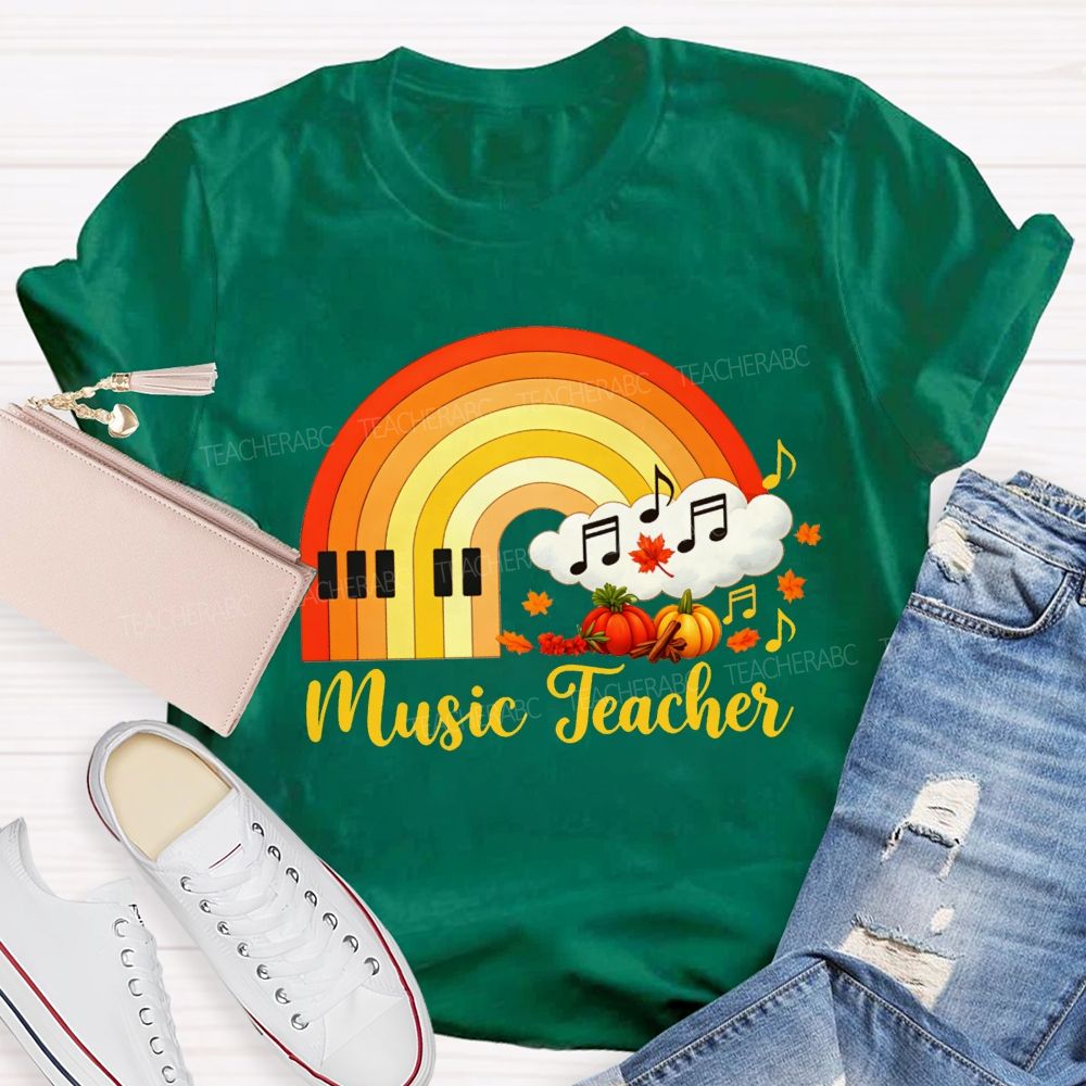 Fall Music Teacher Piano Rainbow Pumpkin Maple Leaf Autumn T-shirt