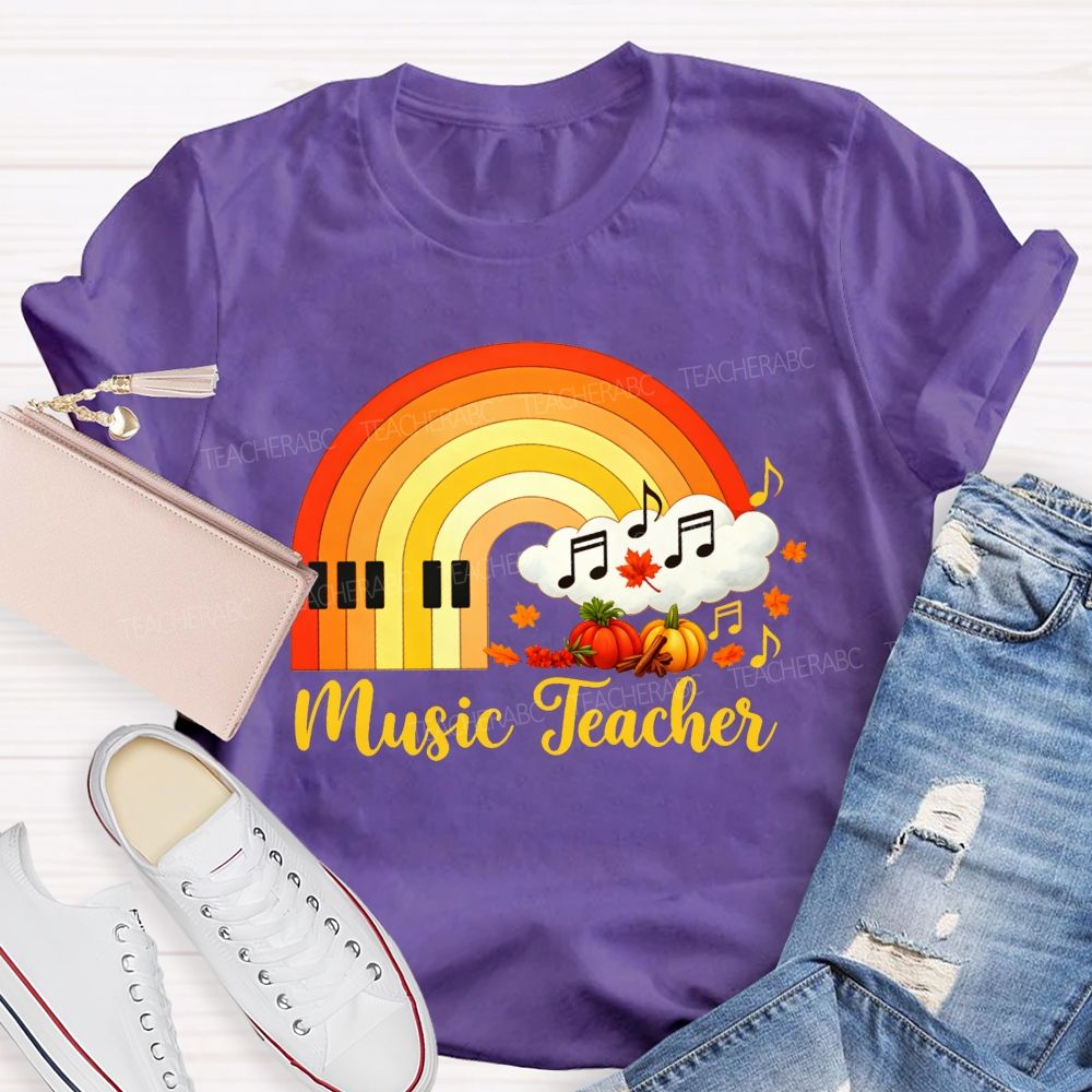 Fall Music Teacher Piano Rainbow Pumpkin Maple Leaf Autumn T-shirt