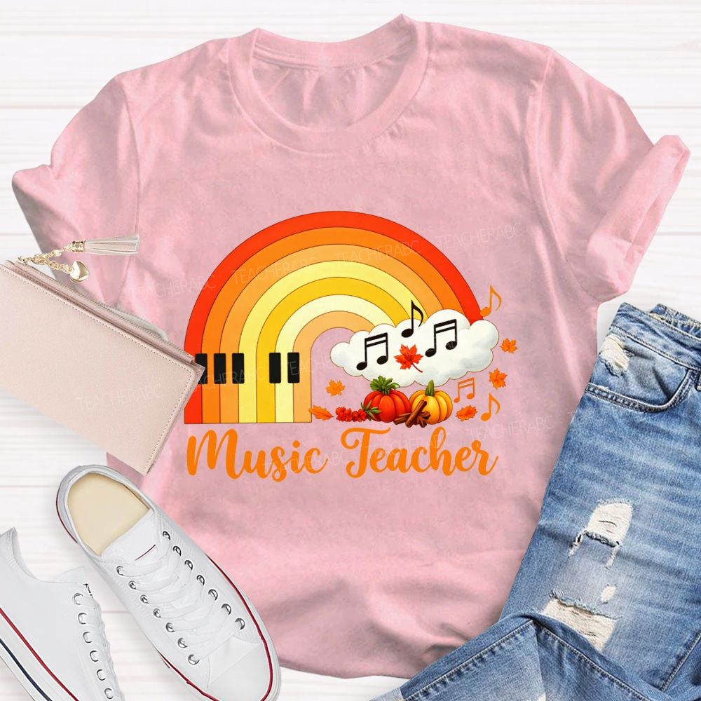 Fall Music Teacher Piano Rainbow Pumpkin Maple Leaf Autumn T-shirt