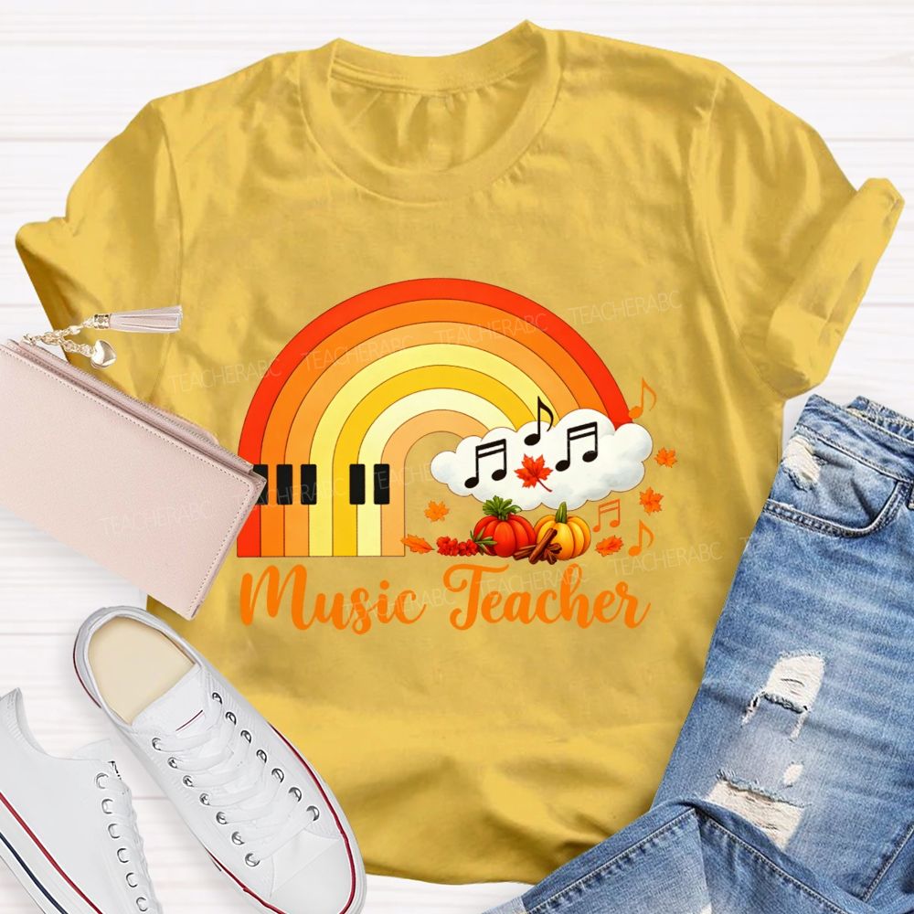 Fall Music Teacher Piano Rainbow Pumpkin Maple Leaf Autumn T-shirt