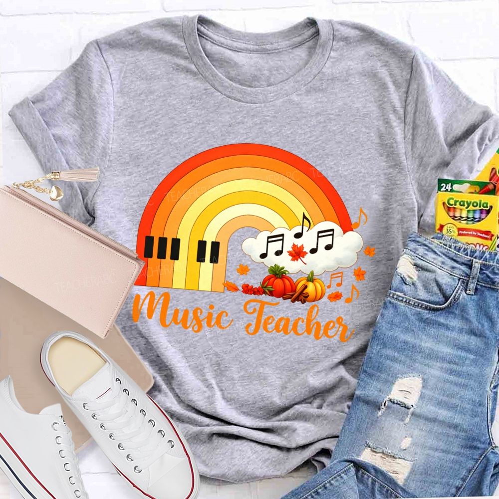 Fall Music Teacher Piano Rainbow Pumpkin Maple Leaf Autumn T-shirt