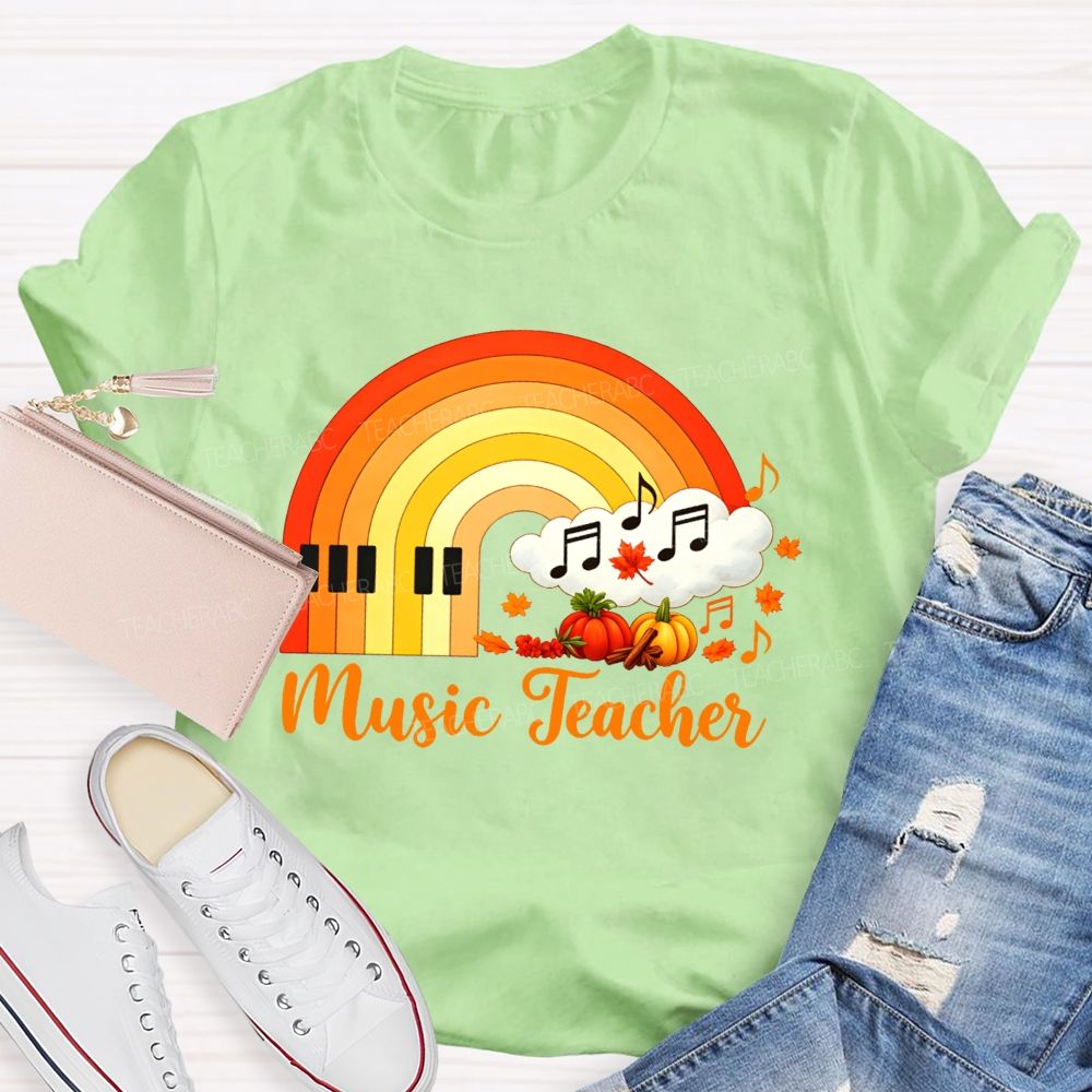 Fall Music Teacher Piano Rainbow Pumpkin Maple Leaf Autumn T-shirt